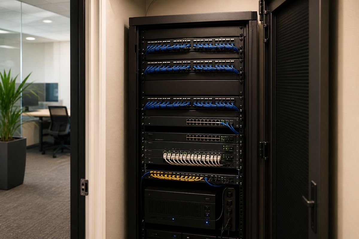 Network switches and patch panels in an office rack