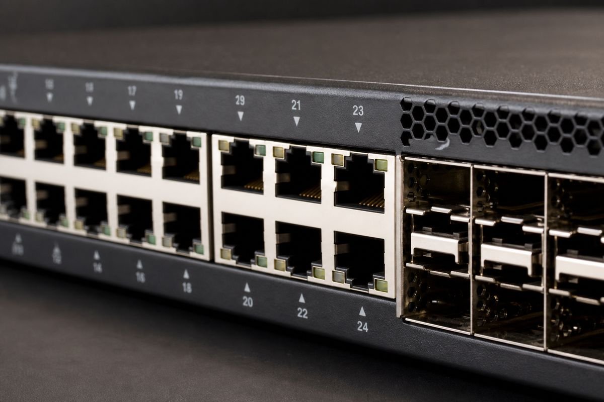 Switch ports and SFP cages close-up